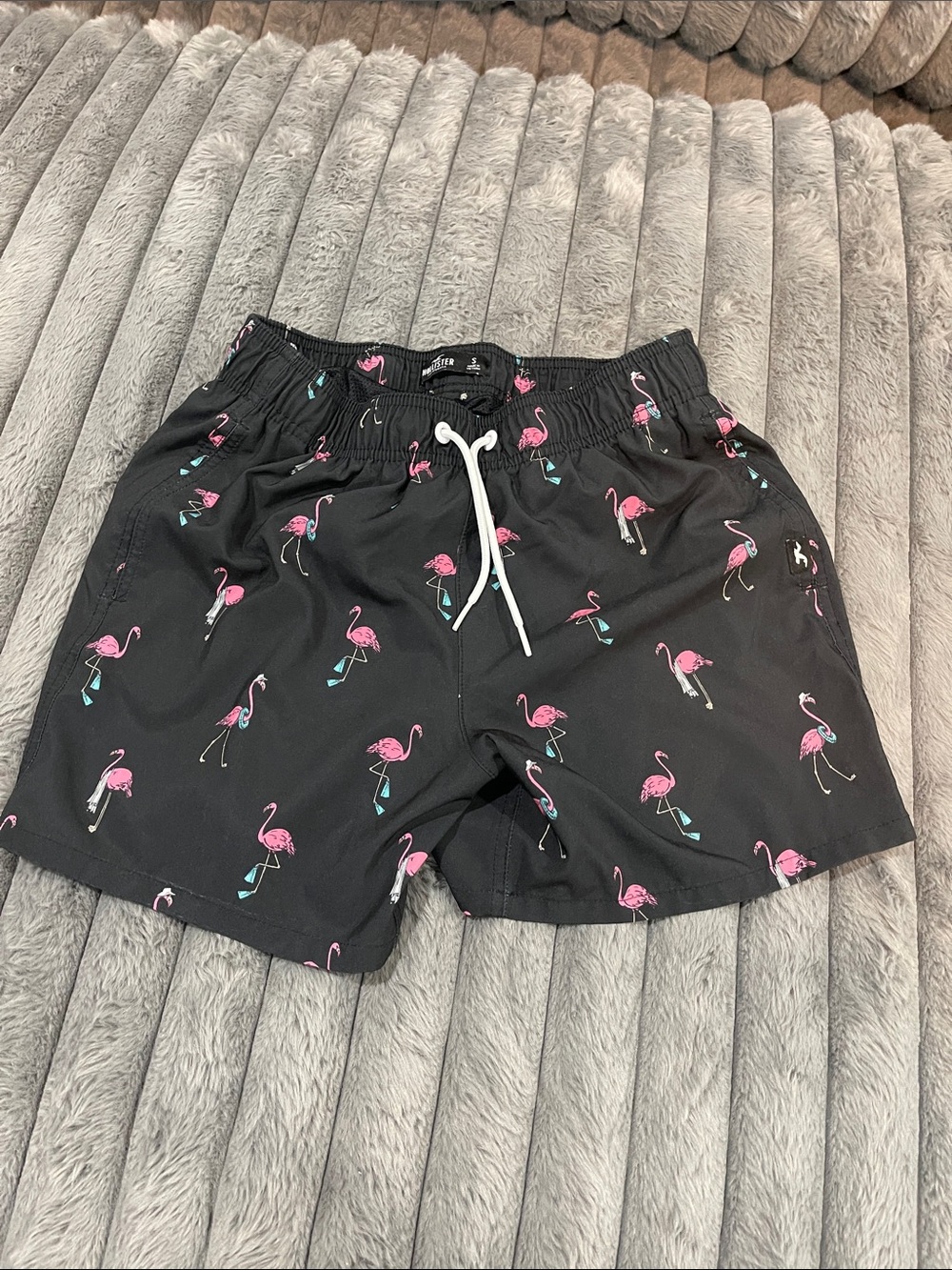 Hollister Black Swim Trunks with Pink Flamingo Print